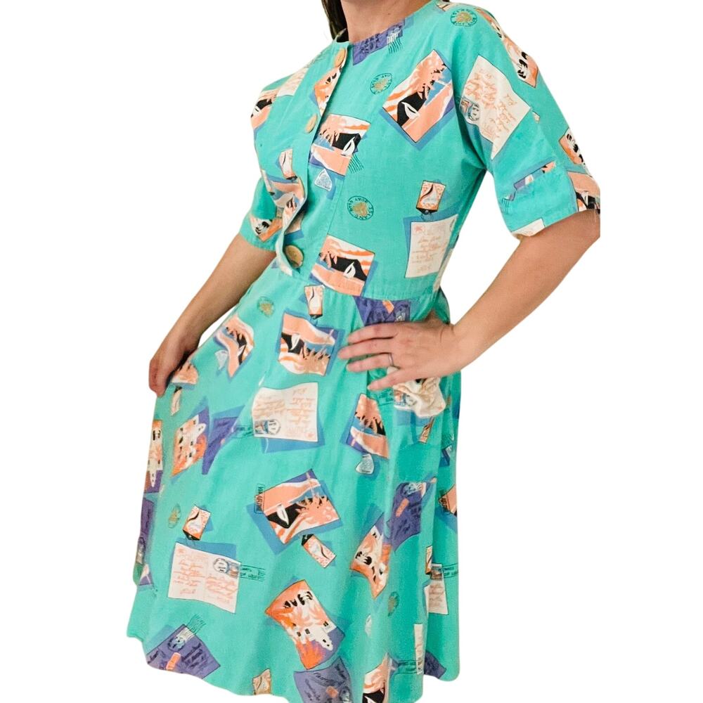 True Vintage Maui Hawaii Women's Postcard Dress Teal Aqua Shirtdress Anipon